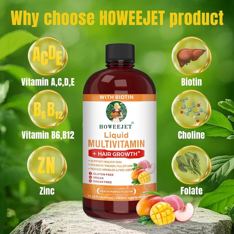Liquid Multivitamin for Hair Growth - Biotin 10000mcg | Clinically Tested for Thicker Hair & Skin Elasticity | 15.22 Fl Oz