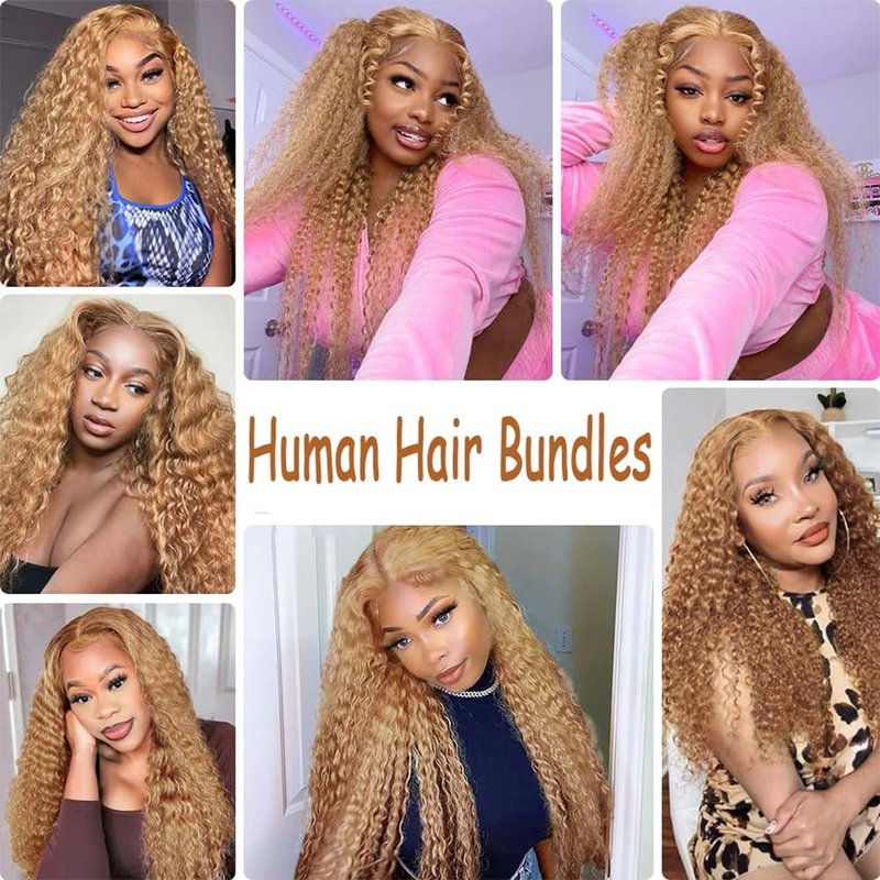 LOIUMGUU Honey Blonde Human Hair Bundles Color #27 Body Wave Bundles 8 10 12 Inch Double Weft Soft Unprocessed Brazilian Virgin Remy Double Weft Soft Real Blonde Hair Extensions