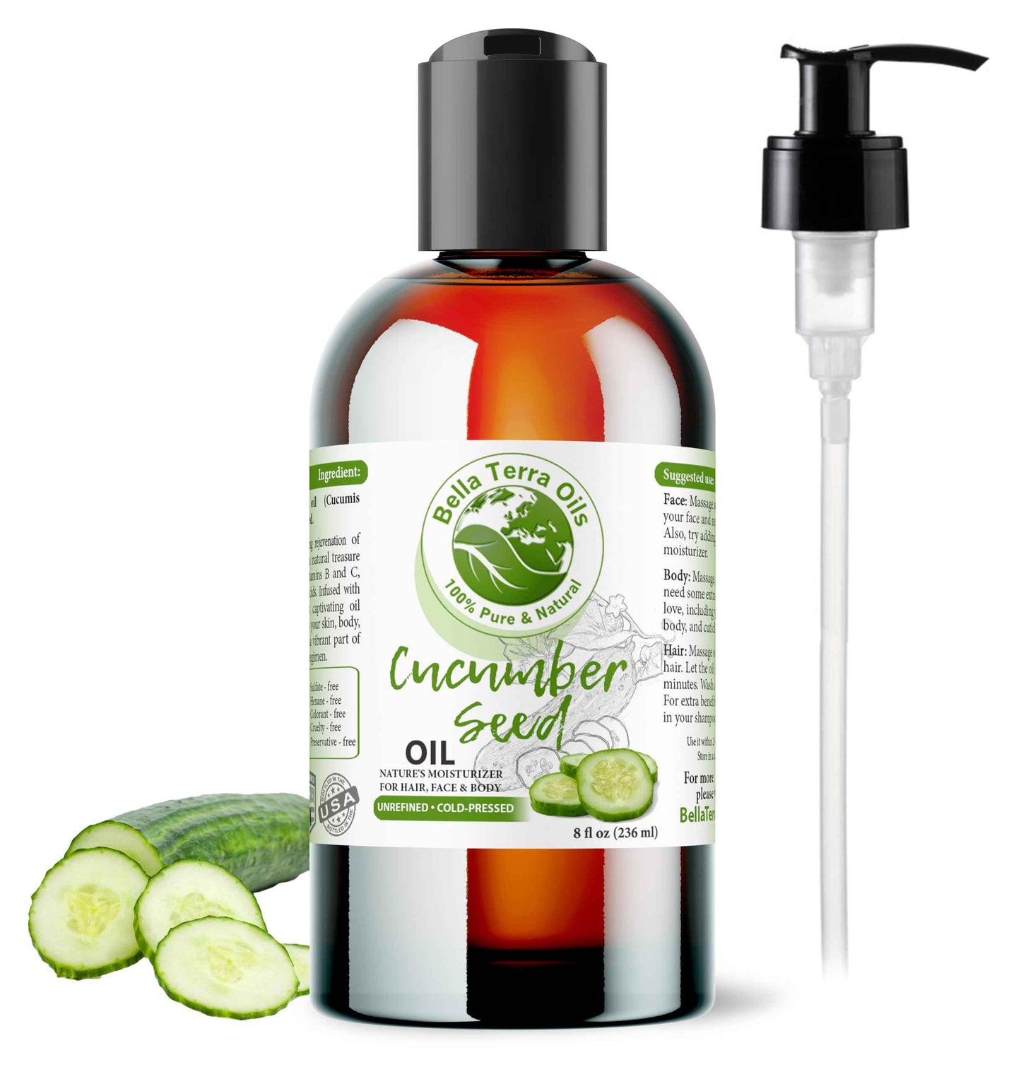Bella Terra Oils - Cucumber Seed Oil 8 oz - Harness the Potent Nutritional Profile of Cucumber, Loaded with Vitamin K & Biotin, Luminous Skin Beckons