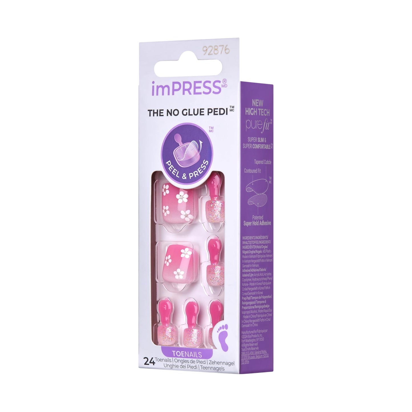 KISS Impress No Glue Pedi 30 Pcs Press on Toenails, Pink Stick on Extension False Nails for Toes, Peel & Press Easy Apply, Hassle-Free Removal, Includes Manicure Stick, Prep Pad & File