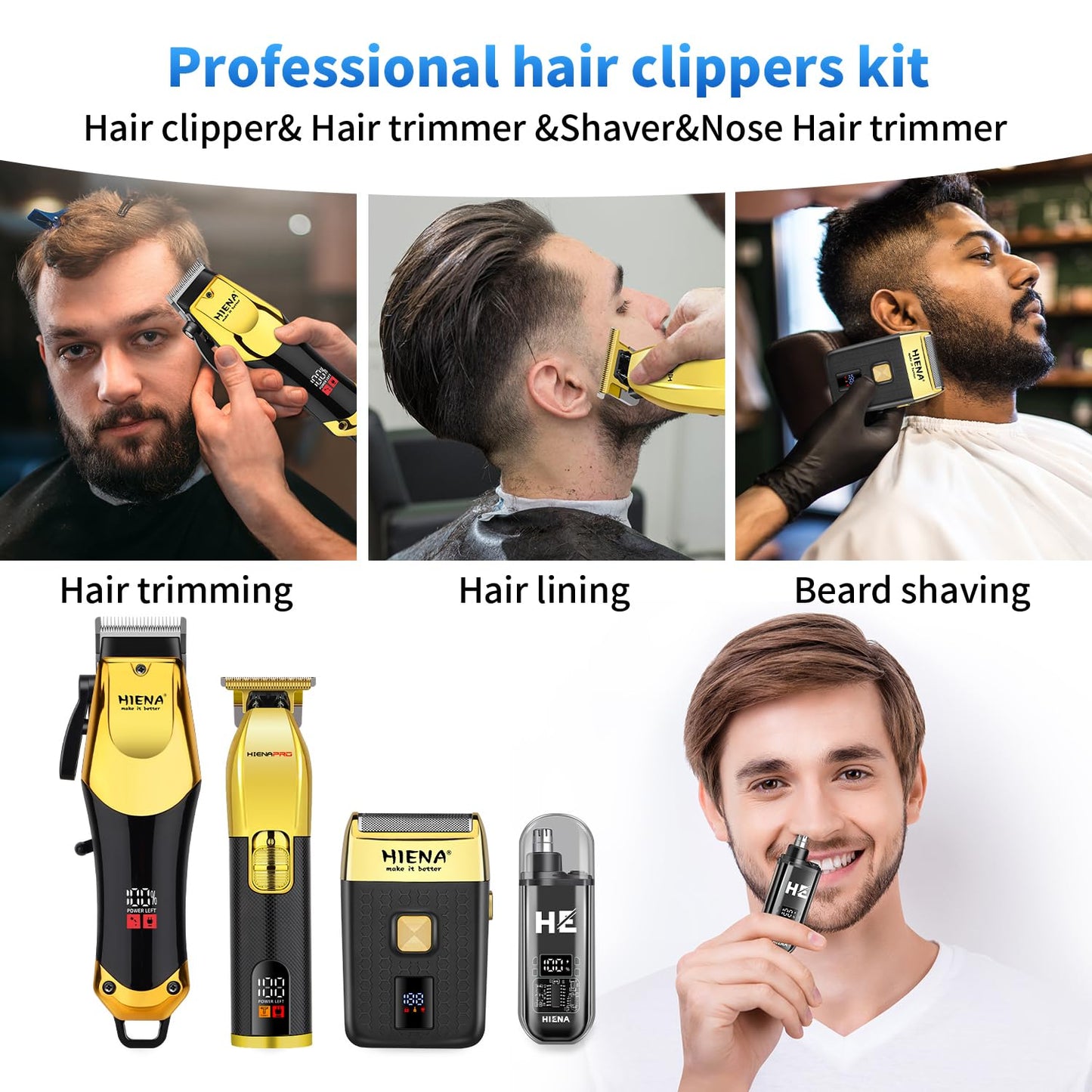 HIENA PRO Professional Hair Clipper Set, Cordless Barber Kit and Hair Cutting Set, Electric Foil Shavers and Beard Trimmers, Rechargeable Ear, Nose Hair Trimmer Set & Facial Grooming Tool