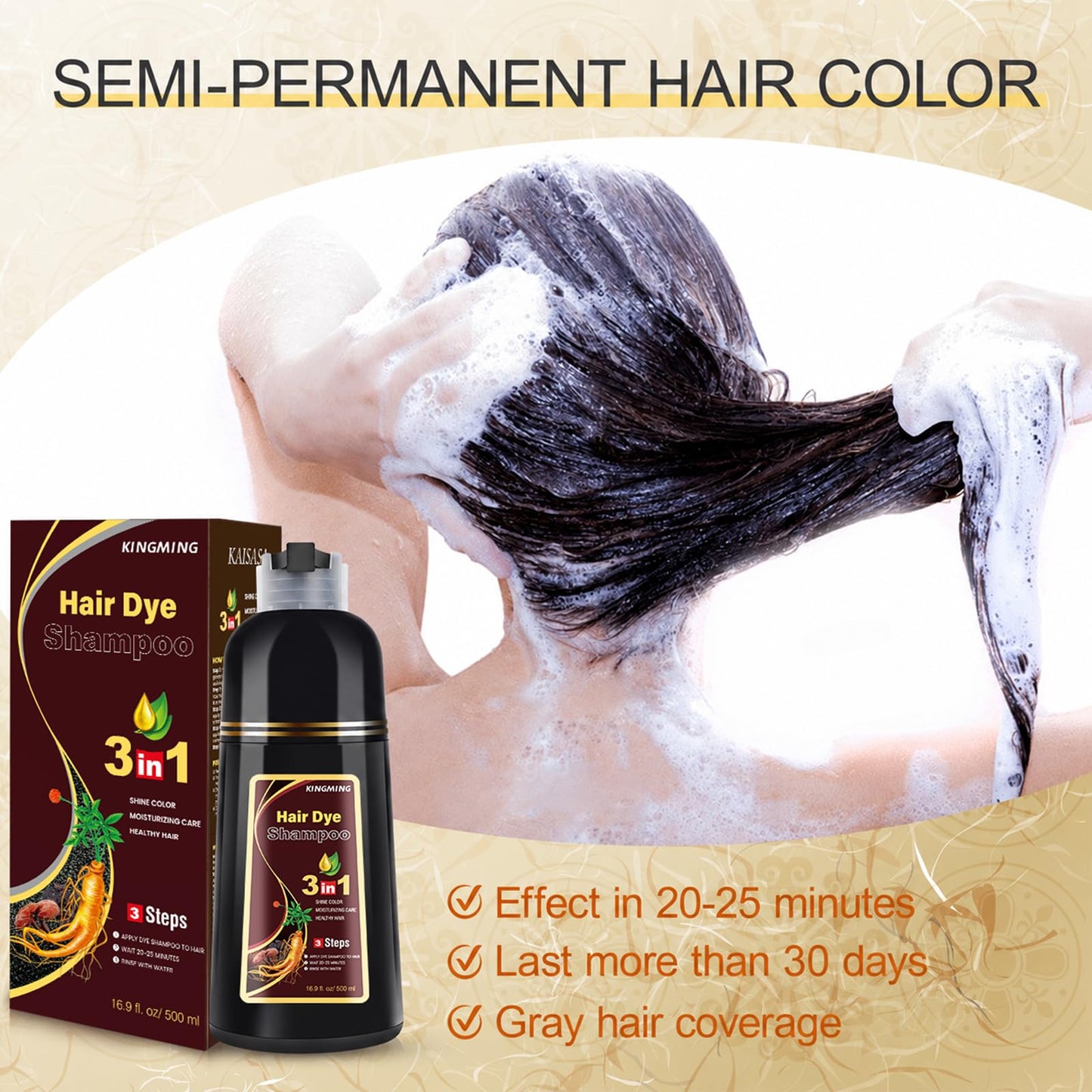 KINGMING Dark Brown Herbal Instant Color Shampoo for Gray Hair Coverage for Women & Men - 3 in 1 Champu Con Tinte Para Canas 500ml