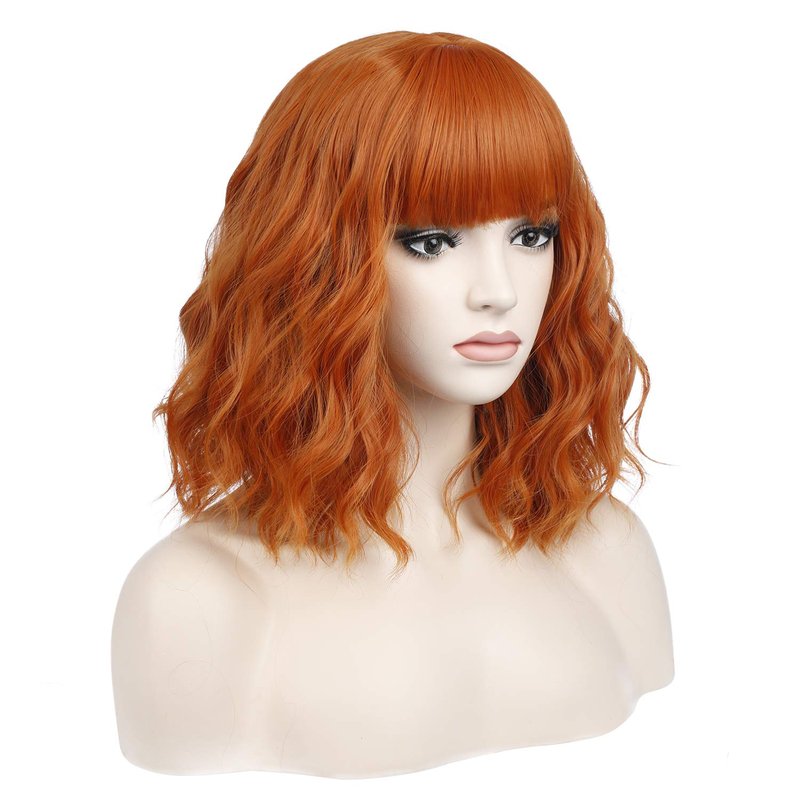 Short Dark Orange Wig with Bangs - Curly Wavy Bob Synthetic Hair for Women | Shoulder Length