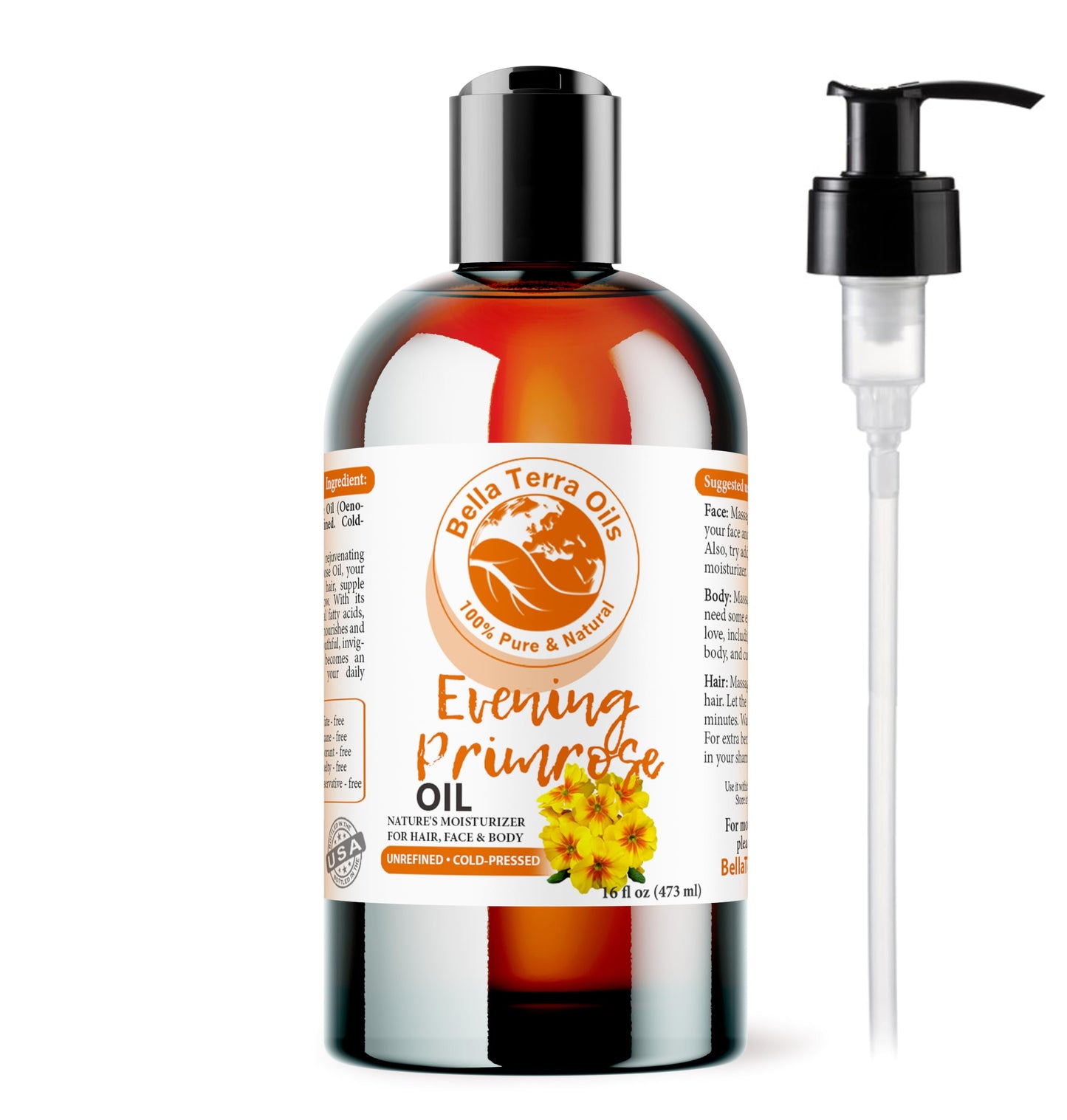 Bella Terra Oils - Organic Evening Primrose Oil 16oz - Discover the Cold-Pressed Excellence of Primrose, Loaded with Essential Nutrients & Omega-6, Distinct Elixir for Luminous Skin