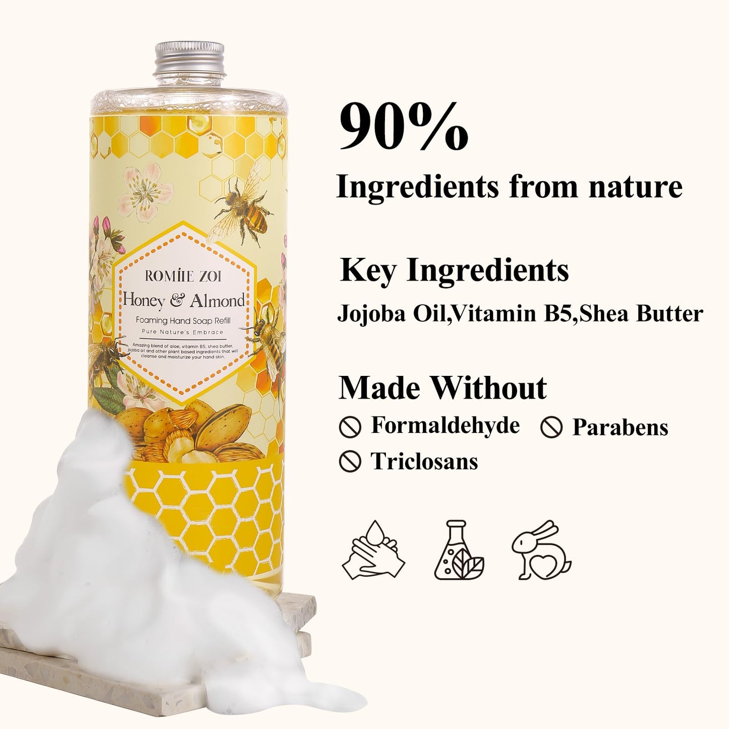 ROMIIE ZOI Foaming Hand Soap Refills, Honey & Almond, 33.8 Fl Oz, 3-Pack