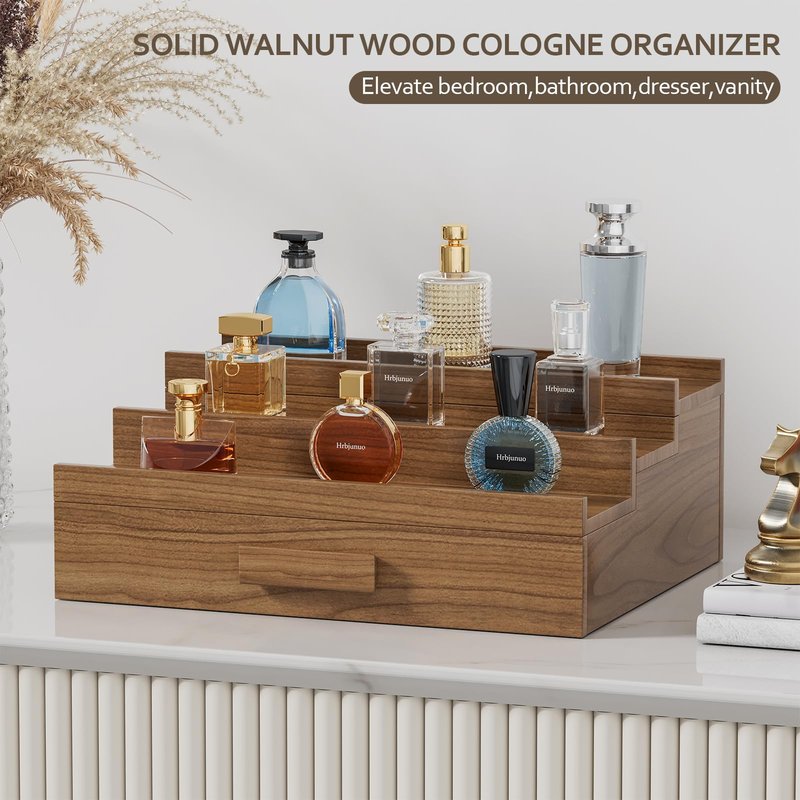 Hrbjunuo Solid Walnut Cologne Organizer for Men, 3 Tier Cologne Stand, Wooden Cologne Holder Display Shelf with Drawer Storage and Hidden Compartment, Perfume Stand Organizer, Gift for Men Dad Husband
