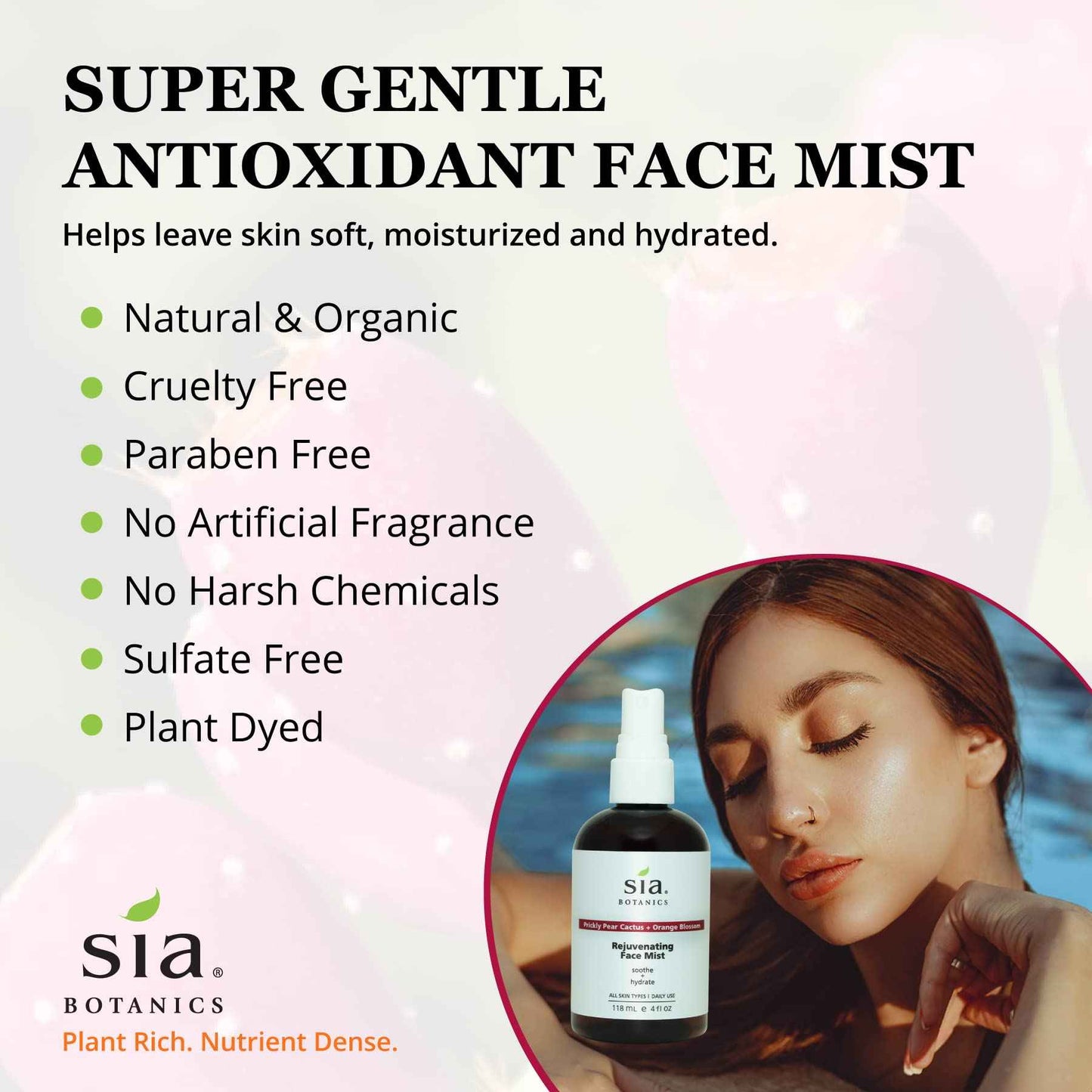 Sia Botanics Rejuvenating Face Toner Mist (118ml/4oz Bottle) | Facial Treatment w/Prickly Pear, Aloe Vera, Orange Blossom | Natural, Clean, Botanical Skincare for Women