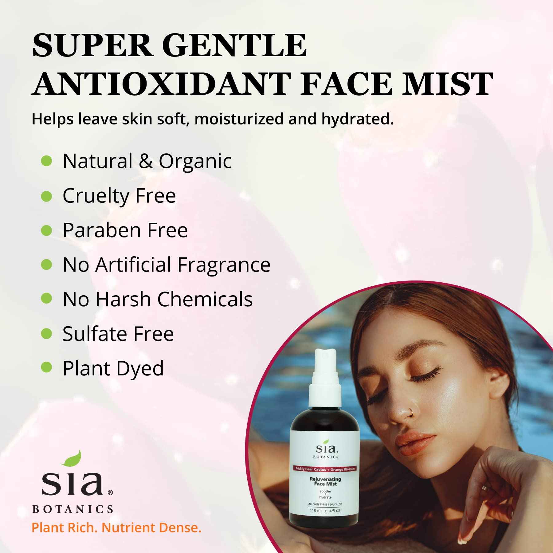 Sia Botanics Rejuvenating Face Toner Mist (118ml/4oz Bottle) | Facial Treatment w/Prickly Pear, Aloe Vera, Orange Blossom | Natural, Clean, Botanical Skincare for Women