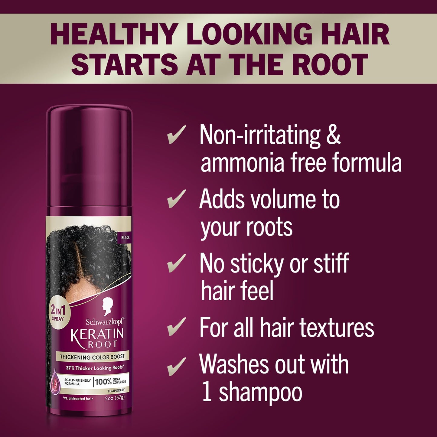 Schwarzkopf Keratin Root Temporary Hair Color Spray, Black, Instant Gray Coverage, Thicker, Fuller-Looking Roots, Easy-to-Use, No Ammonia, Low Mess Application, Scalp Friendly