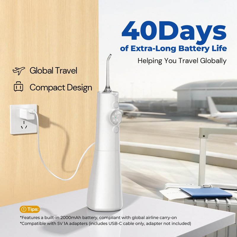 Water Flosser Teeth Pick: LED Display 5 Modes Cordless Dental Pick with 300ML Tank for Braces,Gums Care, IPX7 Waterpoof, 6 Jet Tips Water Flossing Cleaning Picks, Portable for Travel, Home, Y215 White