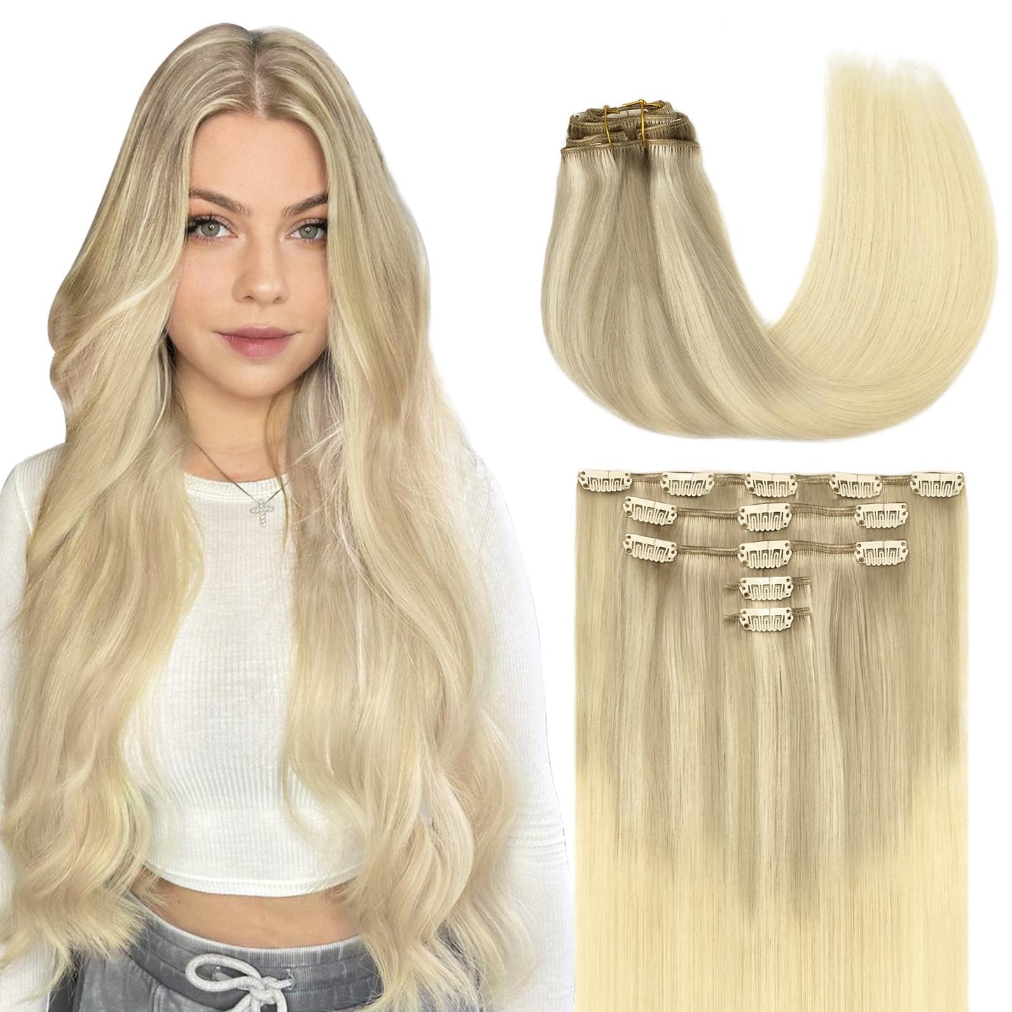 MAXITA Clip in Hair Extensions Real Human Hair,Remy Hair Extensions Clip ins Double Weft for Women,Natural Real Human Hair,14Inch 60g 5Pcs,Ash Blonde Highlighted Platinum Blonde
