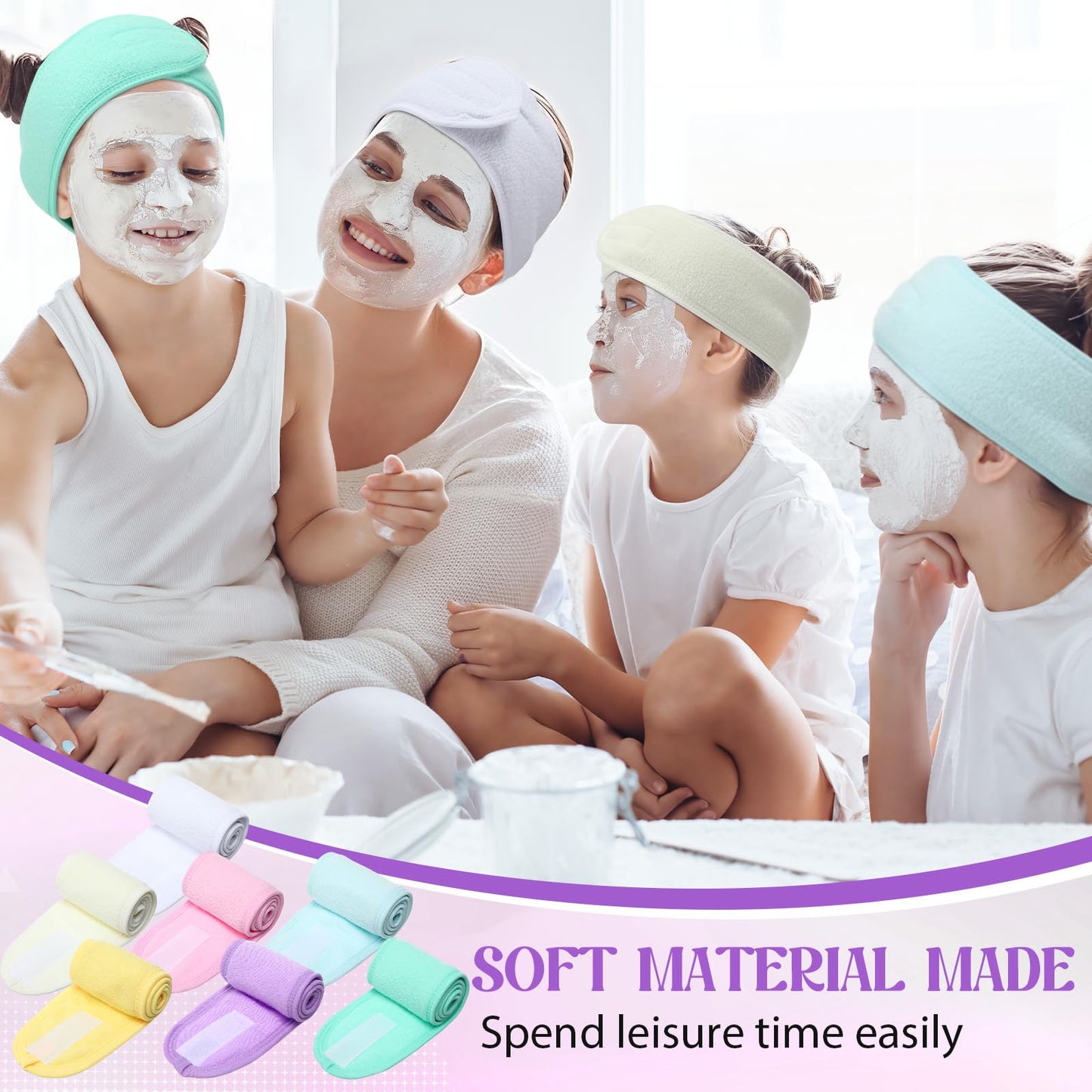 Wavyknot 35 Pack Spa Facial Headband for Women Adjustable Face Wash Makeup Stretch Flannel Headband Bulk with Tape for Women Hair Wrap Towel Skincare Facial Mask Bath and Sport, Macaron Color