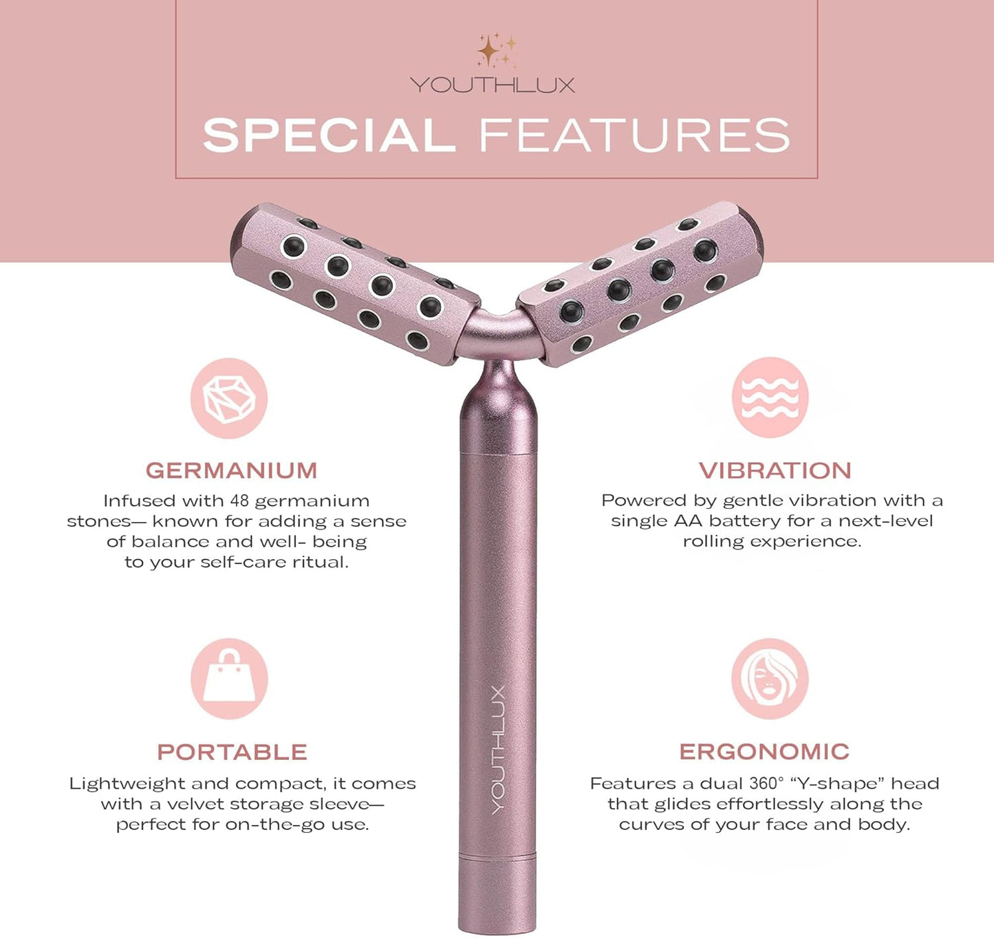 Germanium Stone Face Roller - Uplifting Beauty Tool for Skin Tightening, Firming & De-Puffing | Rose Gold