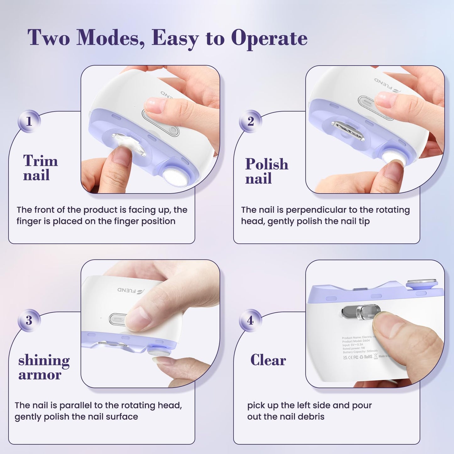 Electric 2-in-1 Nail Clipper & Polisher, 2-Speed Safe Fingernail Trimmer for All Ages, Rechargeable Automatic Nail Clipper with Light, Manicure Set for Baby Kids Seniors & Weak Hands, Purple