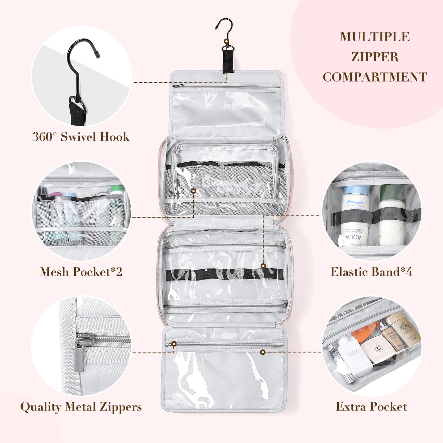 GOLF QUALITY Travel Toiletry Bag,Water-resistant Makeup Cosmetic Bag with Jewelry Organizer Hanging Toiletry Bag for women Trips Camping Bathroom,Smoky Pink