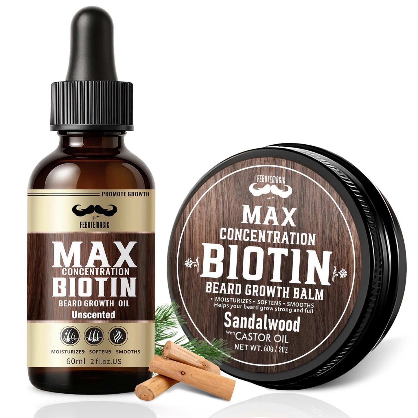 FEBOTE 4X Concentration Biotin Beard Kit for Men – Unscented Oil & Sandalwood Balm Set (2 Pack) – Moisturizes, Softens & Promotes Growth – Premium Beard Grooming Gift for Father’s Day or Him