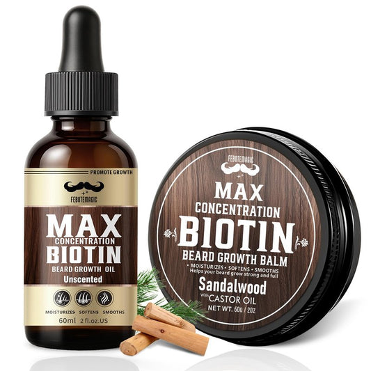 FEBOTE 4X Concentration Biotin Beard Kit for Men – Unscented Oil & Sandalwood Balm Set (2 Pack) – Moisturizes, Softens & Promotes Growth – Premium Beard Grooming Gift for Father’s Day or Him