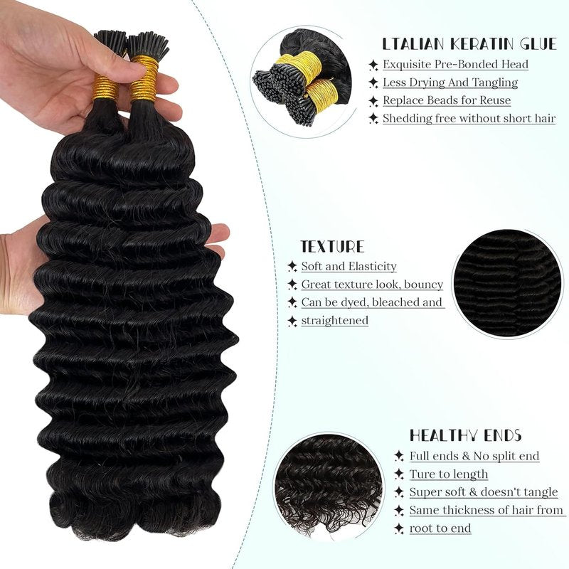 Deep Wave I Tip Hair Extensions - Brazilian Pre-Bonded Keratin | 100 Strands, 18" for 3C & 4A Afro Curly Hair