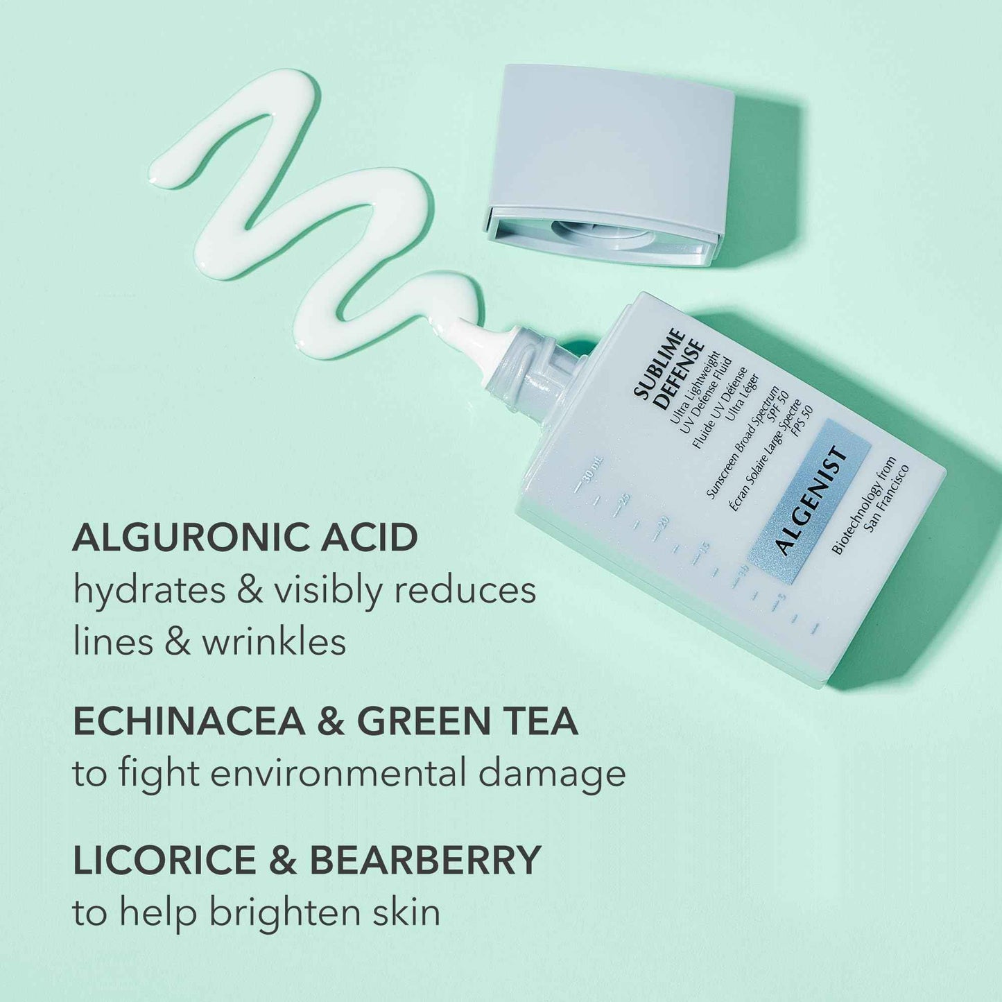 Algenist Sublime Defense Ultra Lightweight UV Defense Fluid SPF50 - Sheer, Oil-Free Face Sunscreen with Vitamin E, Echinacea & Green Tea - Non-Comedogenic & Hypoallergenic Skincare (1 oz)