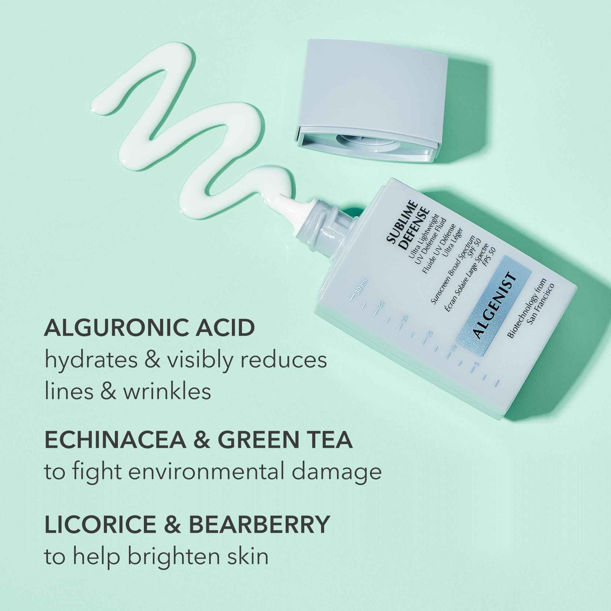 Algenist Sublime Defense Ultra Lightweight UV Defense Fluid SPF50 - Sheer, Oil-Free Face Sunscreen with Vitamin E, Echinacea & Green Tea - Non-Comedogenic & Hypoallergenic Skincare (1 oz)
