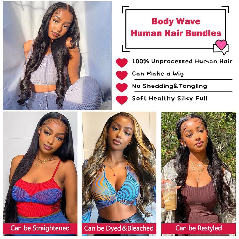 XEILOHO 12A Body Wave Bundles Human Hair 24 inch Brazilian Virgin Human Hair Bundles 100% Unprocessed Body Wave Weft Extensions Quick Weave Natural Black (24inch 100g)