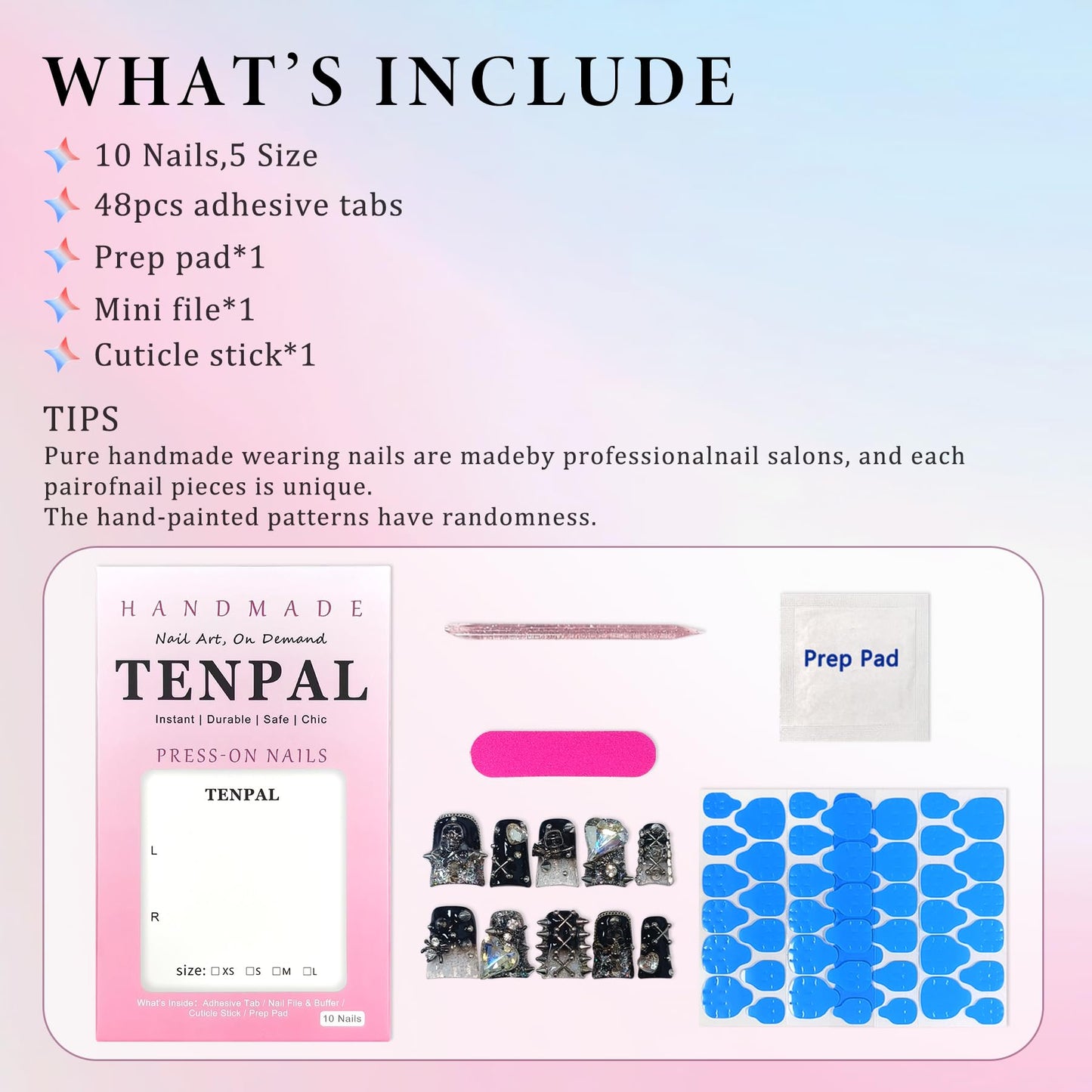 TENPAL 10Pcs Handmade Duckbill Press on Nails,Full Diamond French Tips & 3D Floral Short Nails with Charms,Cherry Blossom Butterfly Design,Sweet Sassy Reusable Duck Nails Set(M)