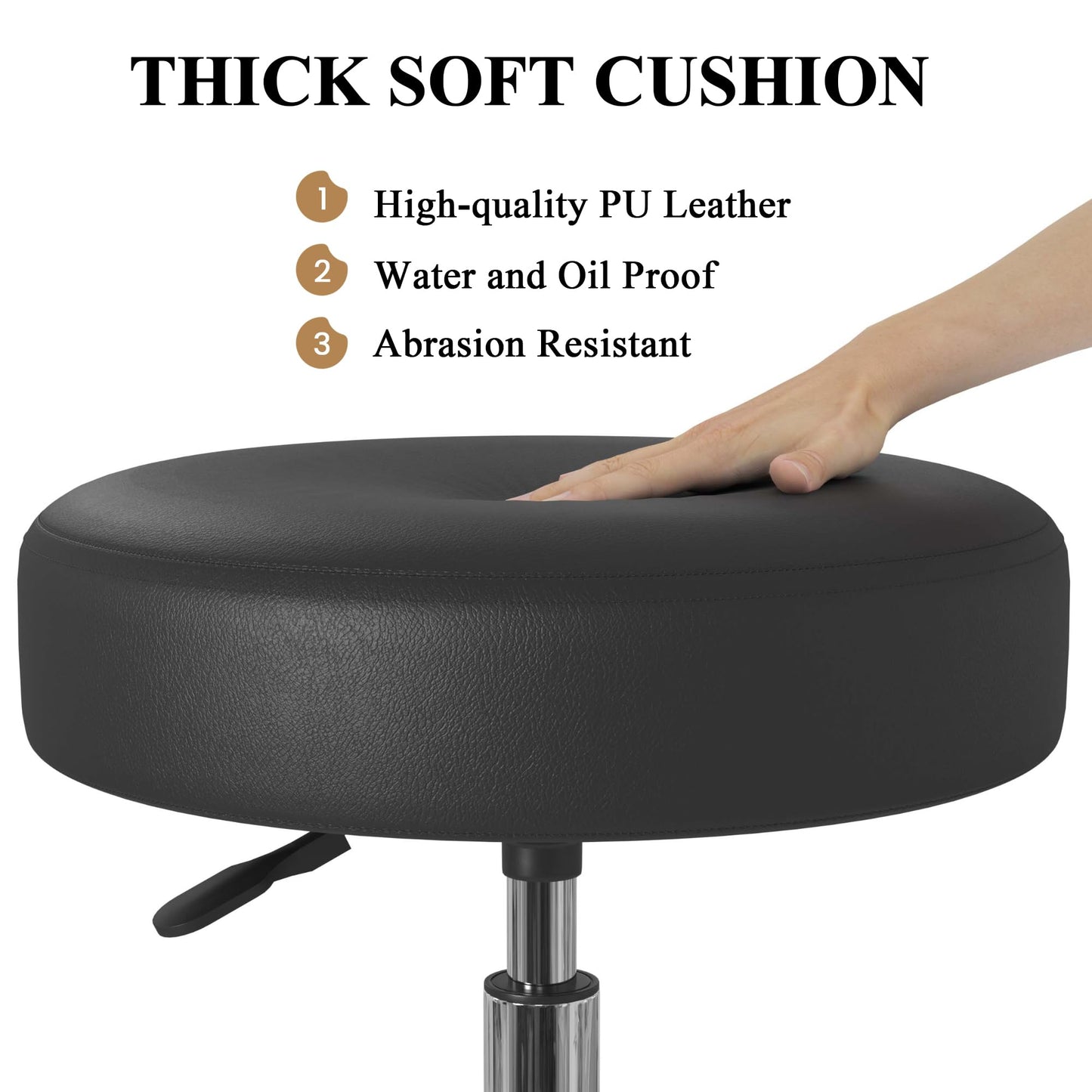 SHA CERLIN Rolling Stool with Wheels Swivel Shop Salon Chair Adjustable Drafting Massage Medical Tattoo Spa with PU Leather Cushioned, Black