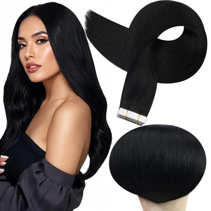 Real Human Hair Tape-In Extensions - 24 Inch Jet Black | Seamless Double-Sided 20 Pcs, 50g