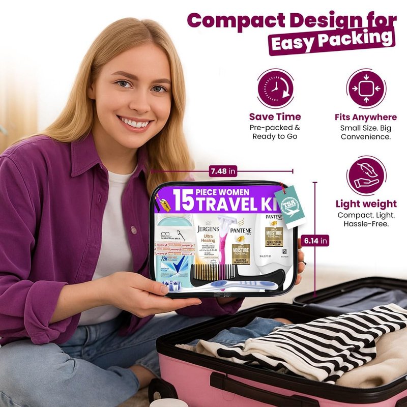 TrekTote Travel Essentials Kit for Women - 15-Piece TSA Compliant Toiletry Set | Includes Shampoo, Conditioner & More
