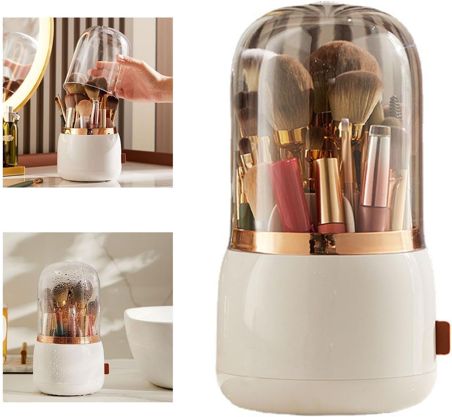 Makeup Brush Holder - 360° Rotating Makeup Organizer with Lid | White Storage Solution for Home