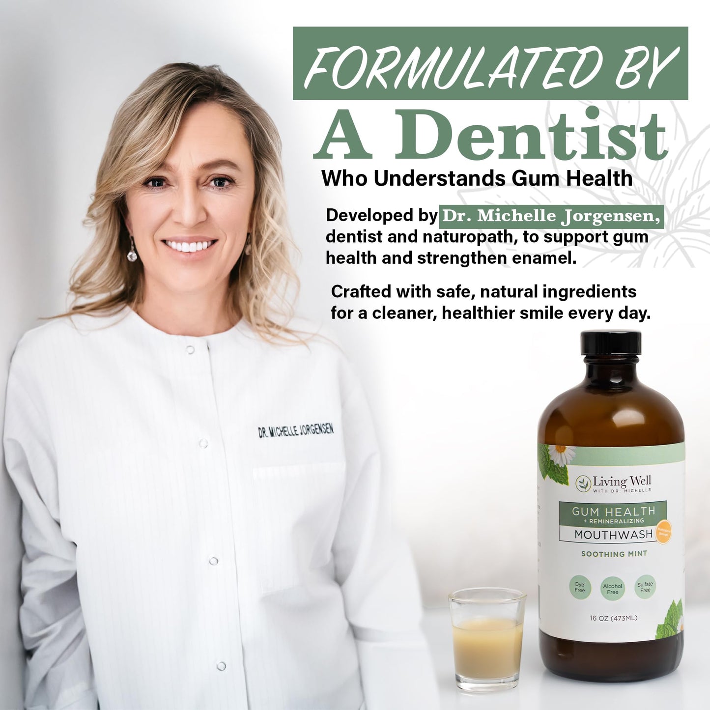 Living Well with Dr. Michelle Remineralizing + Gum Health Mouthwash – Soothing Mint | Hydroxyapatite, Colloidal Silver | Alcohol-Free, Fluoride-Free, Fresh Breath Support