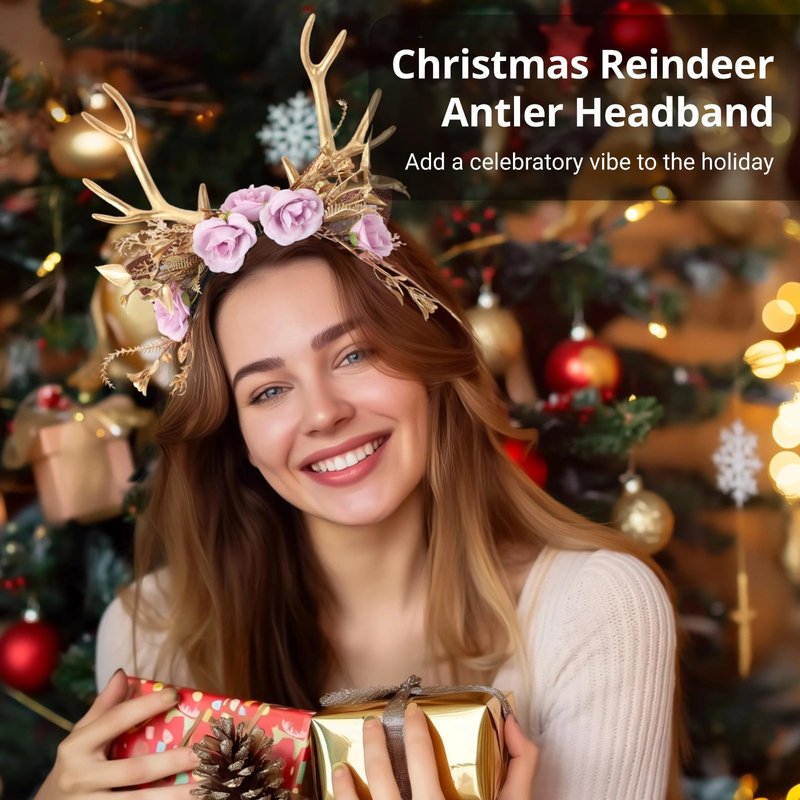 SalLady Christmas Reindeer Ear Headband - Golden Flower Antler Hairband, Woodland Floral Antler Headpiece for Women, Elk Headwear for Holiday Birthday Party Photo Props