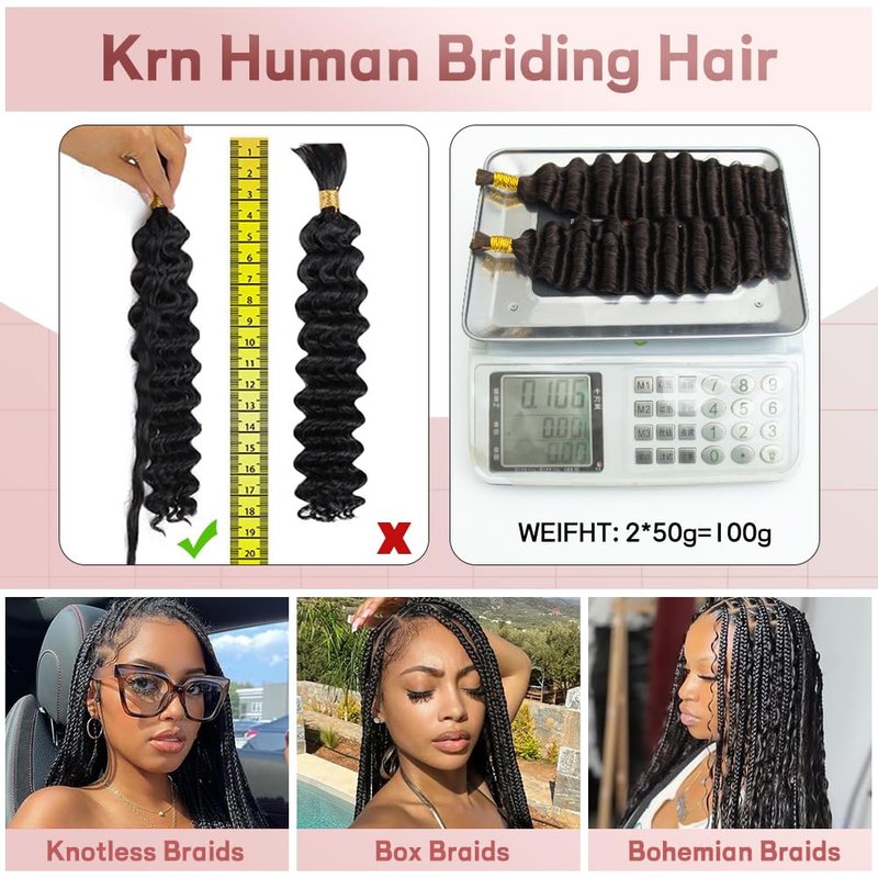 KRN Human Braiding Hair for Boho Braids, 100g/Pack (2 Bundles) Deep Wave Curly Bulk for Boho Braids No Weft 12A Grade Brazilian Virgin Hair Natural Color 16 Inch