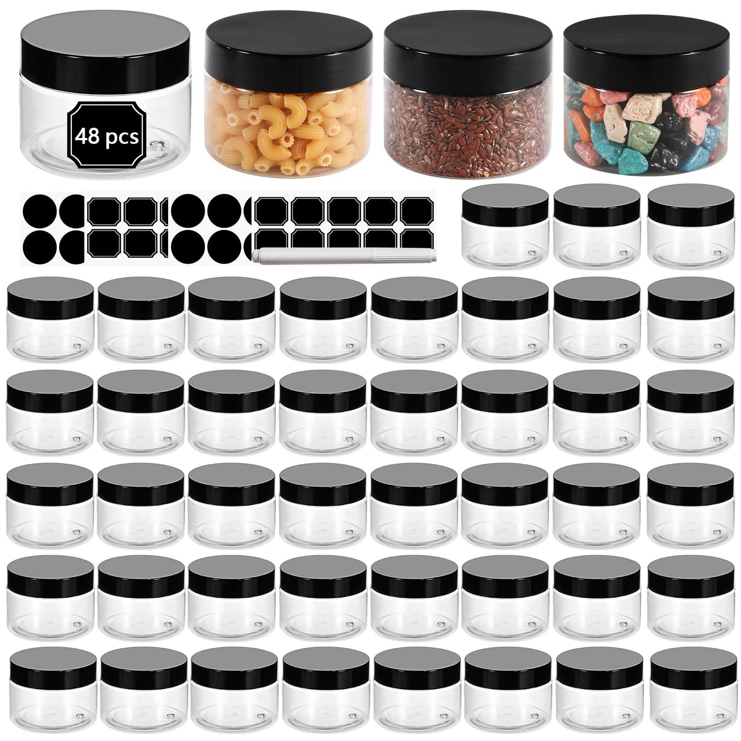 48 Pack 120ml 4 oz Empty Clear Plastic Jars with Black Lids, Refillable Round Containers for Slime,Beauty Products, powder, Cream, Scrubs, Cookie,Dried Fruit. Include 1 Pen and 120 Labels.