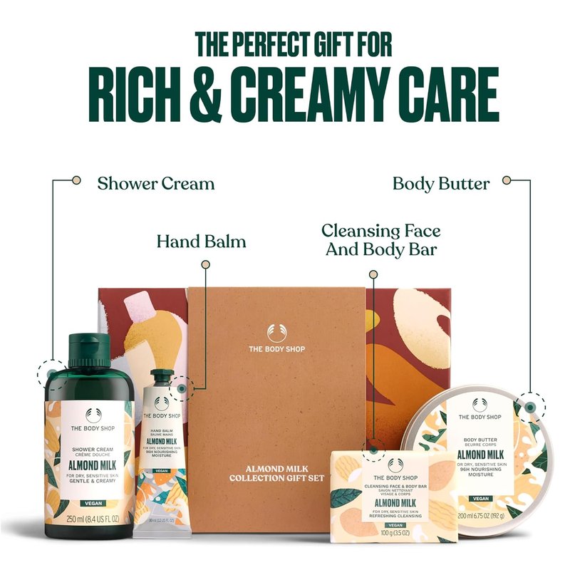Almond Milk Gift Set | Vegan 4-Piece Bath Collection with Shower Cream, Body Butter, Soap & Hand Balm