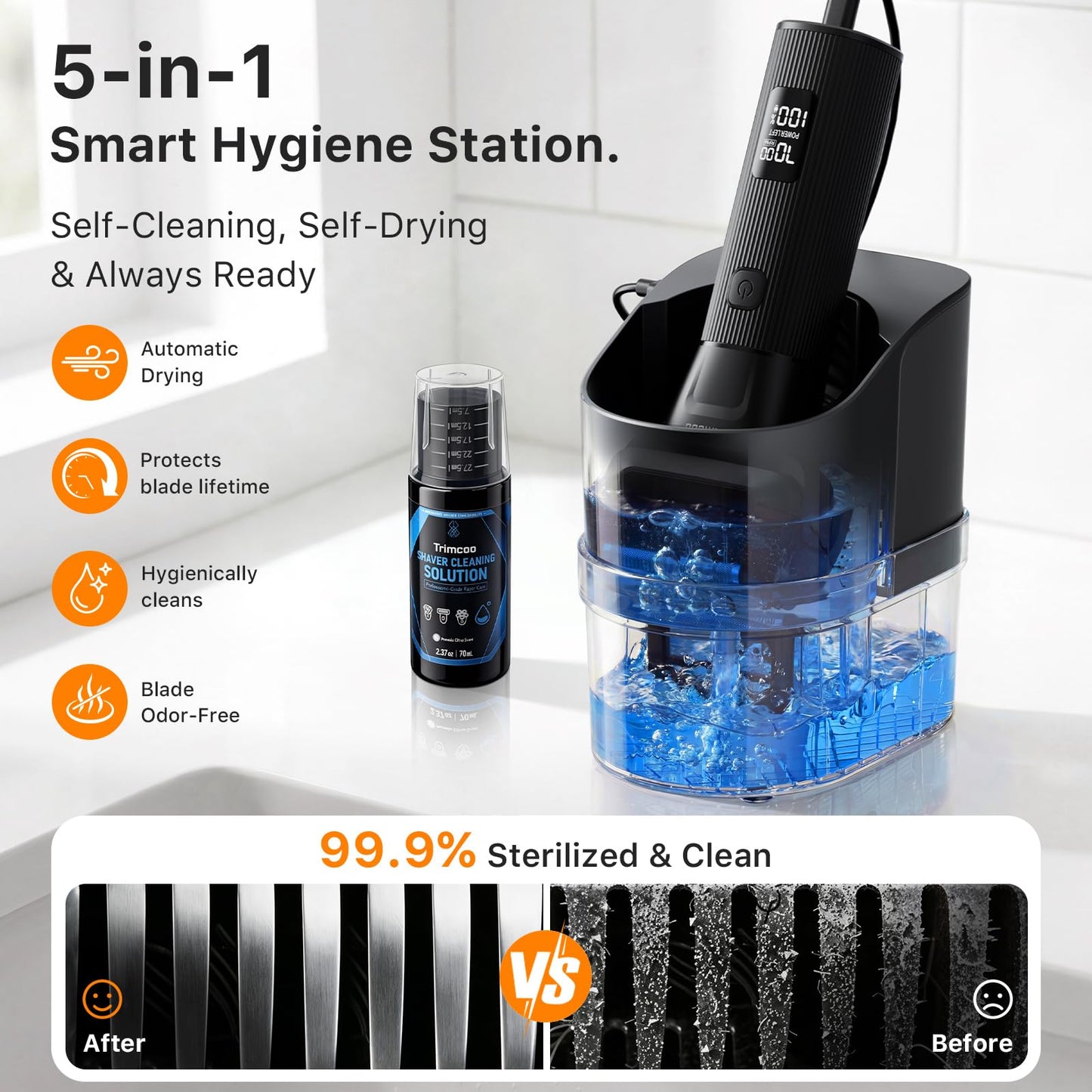Electric Shaver for Men - Trimcoo 5-Blade Foil Razor Kit | Gentle on Sensitive Skin | Self-Cleaning Center, USB-C Charging, 180min Runtime, IPX7 Wet/Dry Use with Pop-Up Trimmer, Ideal Grooming Gift