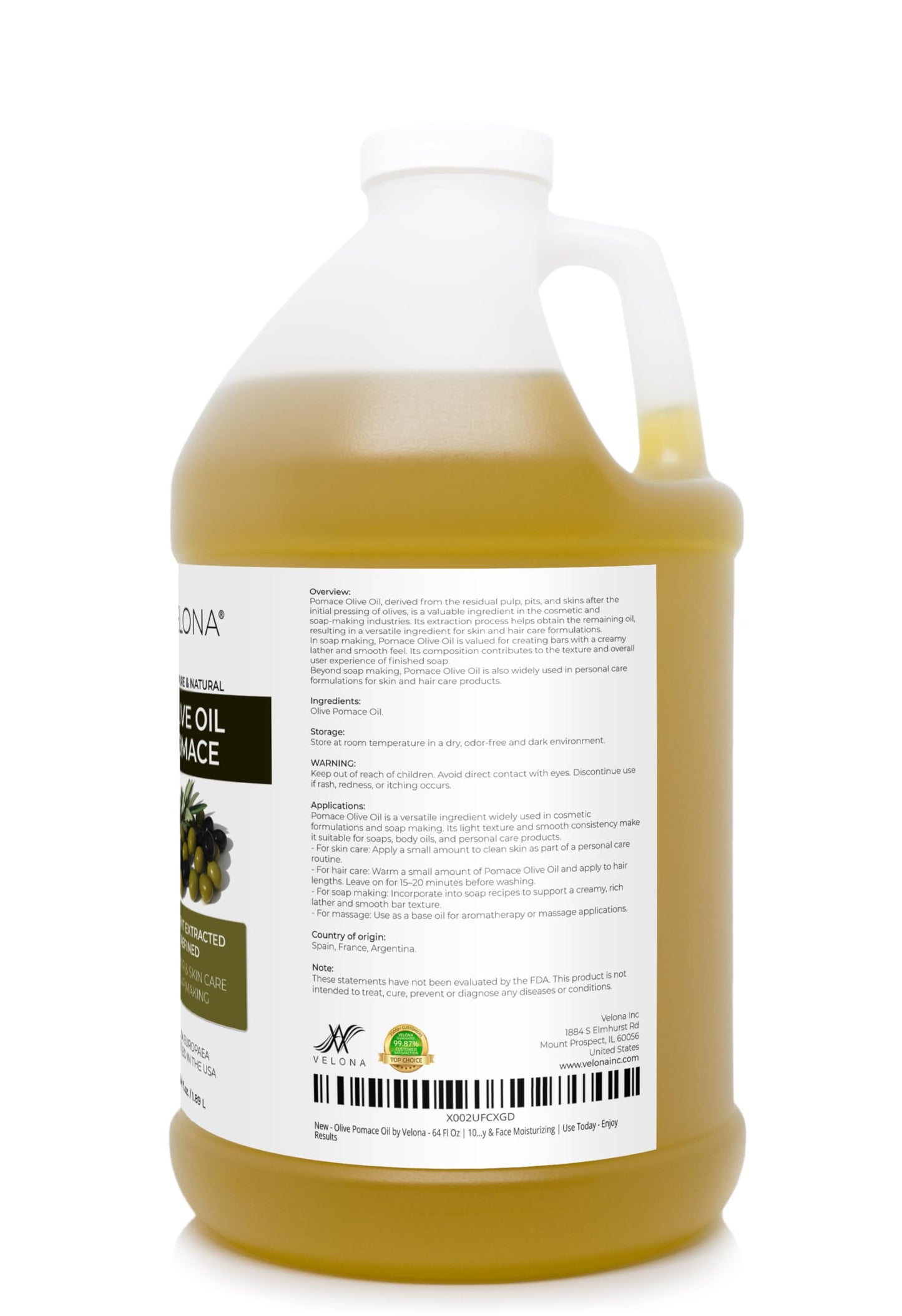 velona Olive Pomace Oil 64 Fl Oz | 100% Pure and Natural Carrier Oil | Refined | Skin, Hair, Body & Face Moisturizing | Use Today - Enjoy Results.