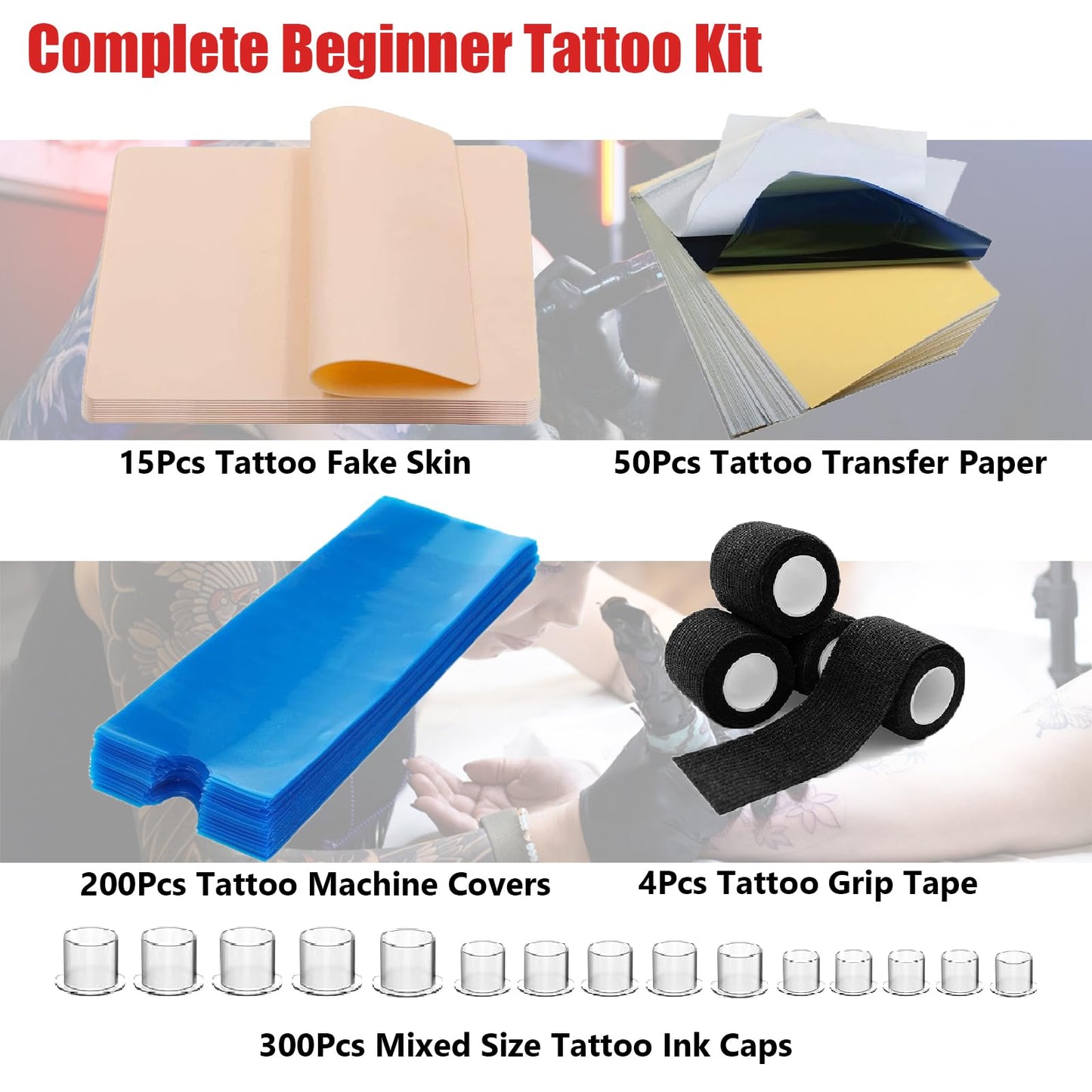 569Pcs Tattoo Skin Practice Kit - SOTICA Professional Kits Include 15 Fake Skin 50 Tattoos Stencil Paper 200 Machine Pen Covers 300 Mixed Ink Caps 4 Grip Tapes Tattoo Gun Kit for Beginners & Artists