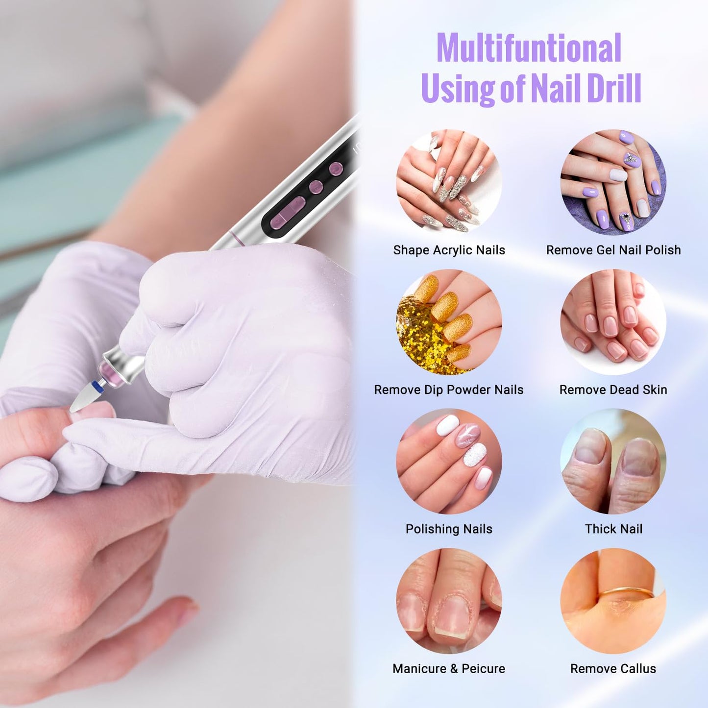 Denabuty Cordless Electric Nail Drill Machine, 13 in 1 Nail File Kit 35000RPM Professional Portable Rechargeable E File for Acrylic Polish Gel Removal Manicure Pedicure Set with 5 Speeds Violet