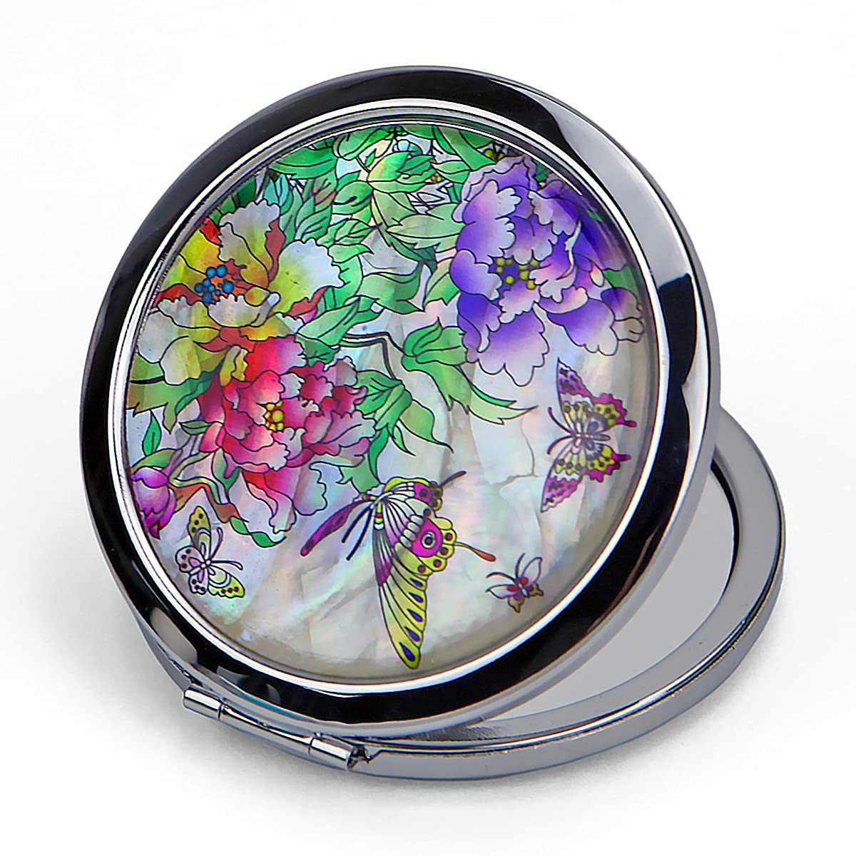 Compact Mirror–Mother of Pearl Magnifying Mirror–One-Touch Travel Makeup Mirror–Elegant Handheld Mirror with Floral Design–Dual-Sided Portable Mirror–Traditional Korean Painting(Butterfly TreePeony)