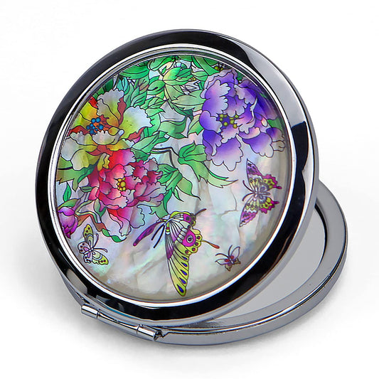 Compact Mirror–Mother of Pearl Magnifying Mirror–One-Touch Travel Makeup Mirror–Elegant Handheld Mirror with Floral Design–Dual-Sided Portable Mirror–Traditional Korean Painting(Butterfly TreePeony)