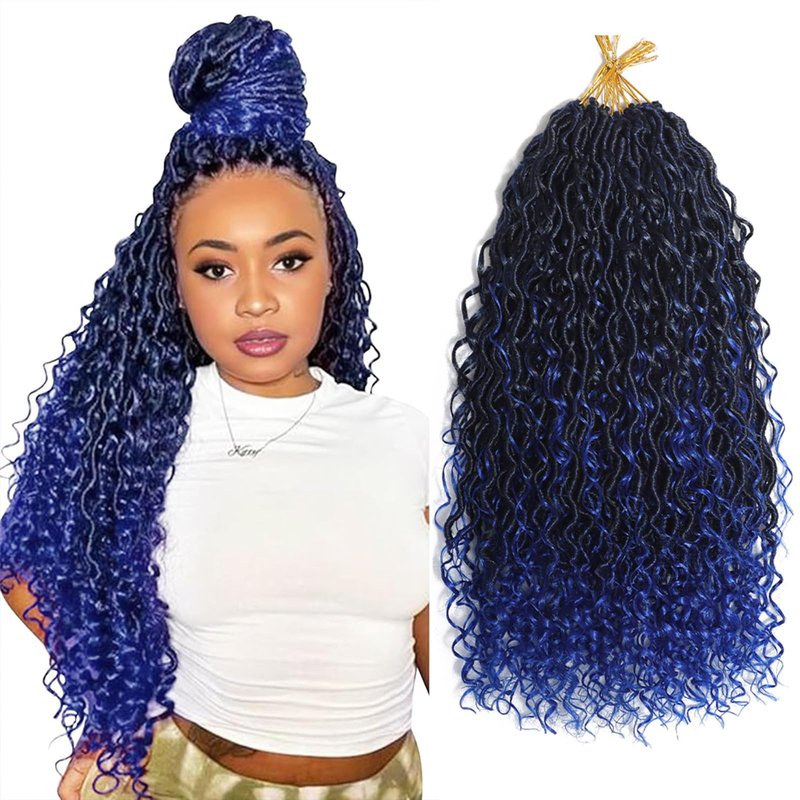 Goddess Locs Crochet Hair 1B/Blue Boho Faux Locs Crochet with Curly Ends 8 Packs Long Bohemian Crochet Hair for Black Women Synthetic Hair Extentions (1B/Blue,24 Inch)
