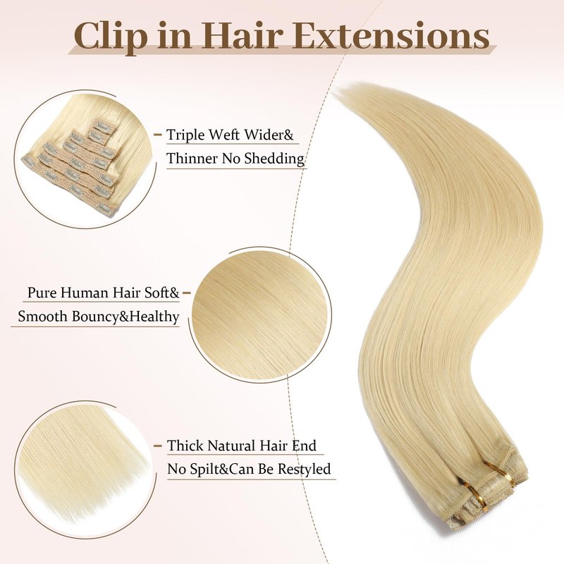 Sisily Clip in Hair Extensions Real Human Hair, Premium Human Hair Clip in Extensions Bleach Blonde, Soft Straight Hair Extensions Real Human Hair Clip ins 7PCS Double Weft（16 Inch #613）