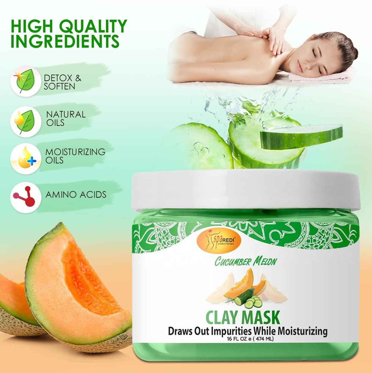 SPA REDI - Clay Mask, Cucumber and Melon, 16 Oz - Pedicure and Body Deep Cleansing, Skin Pore Purifying, Detoxifying and Hydrating