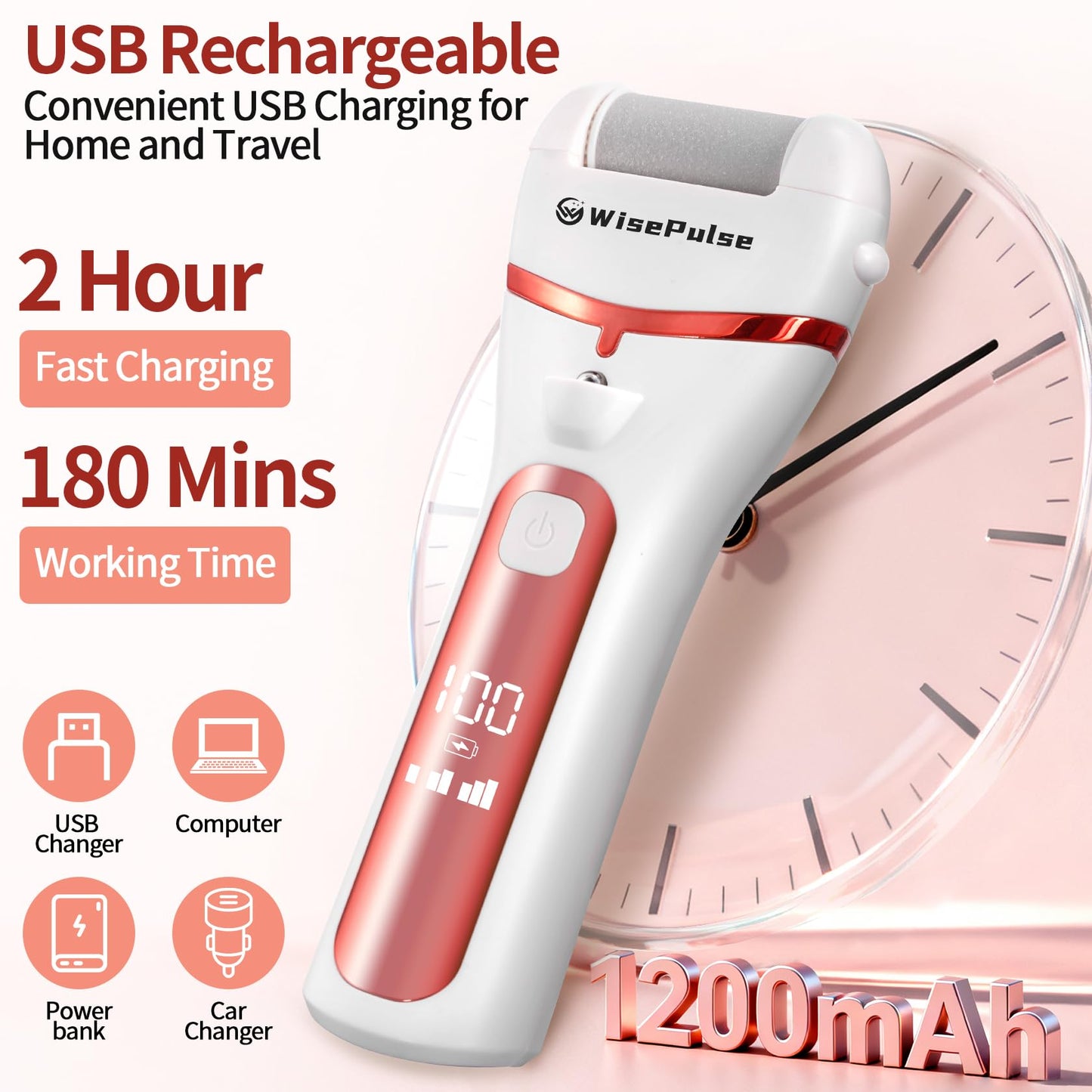 Electric Foot Callus Remover, Rechargeable Electric Callus Remover for Feet with 3 Speed, 9 in 1 Pedicure Kit with Nano-Glass, Waterproof Professional Foot File for Dead, Hard, Cracked Skin(Pink)