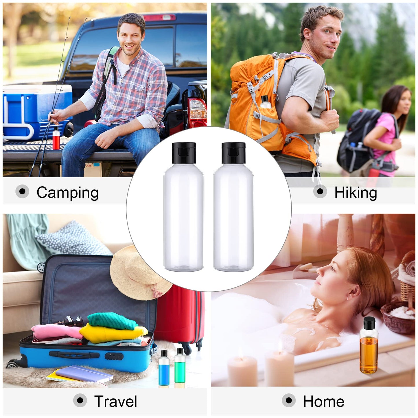Nuenen 50 Pcs 3.4 oz Travel Size Bottles with Flip Cap Plastic 100ml Travel Bottle TSA Approved for Toiletries with 2 Funnels Small Leakproof Empty Refillable Squeeze Shampoo Containers(Clear, Black)