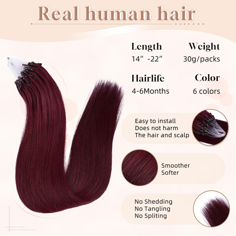 MioYio Microlink Hair Extensions Human Hair 99j Red 30g/38s/Pack 18inch Microbead Micro Loop Hair Extensions Real Human Soft and Glossy Longer Life