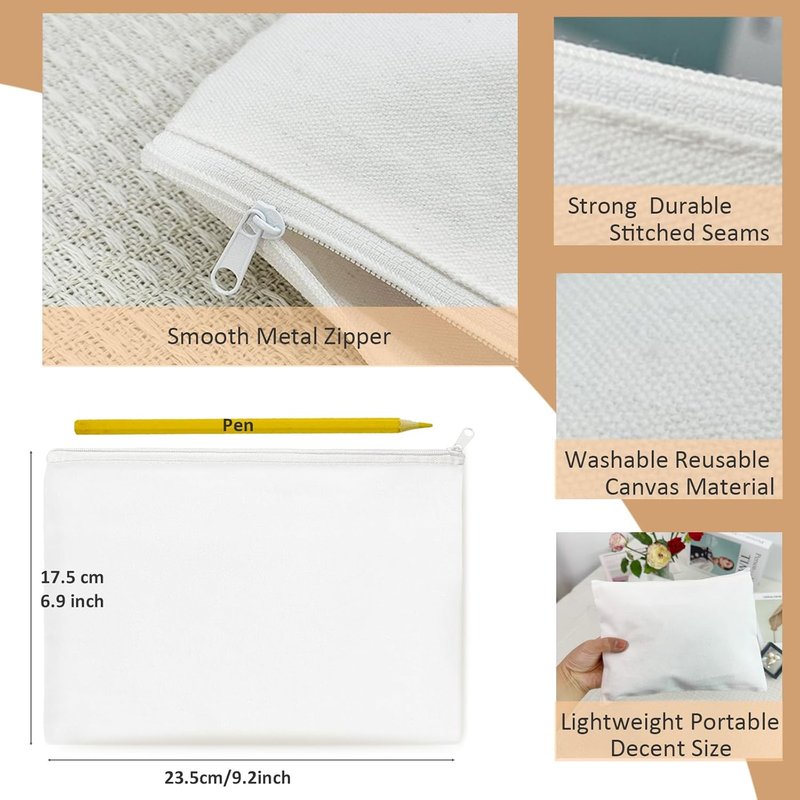 Koolmox Makeup Bag | 20-Pack White Cotton Canvas Pouches - Multipurpose Zippered Travel Toiletry & Craft Bags
