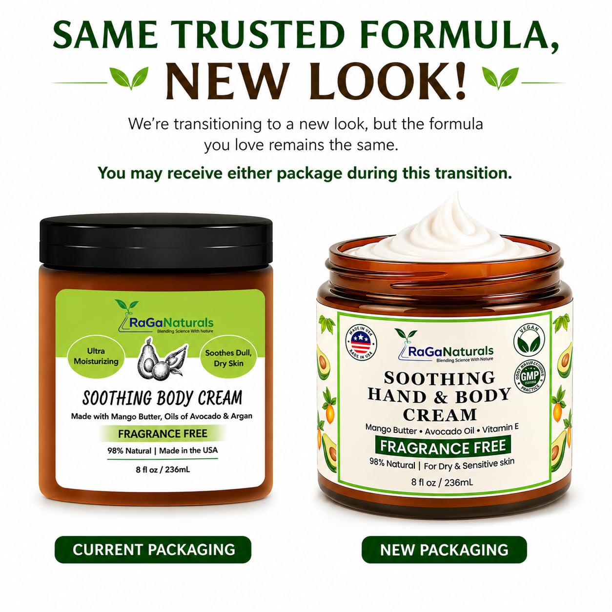 RaGaNaturals Fragrance Free Natural Hand and Body Cream - Moisturizer for Dry, Sensitive & Eczema-Prone Skin -Mango Butter, Argan Oil, Vitamin E -Unscented Non-Comedogenic Lotion for Women & Men -8 oz