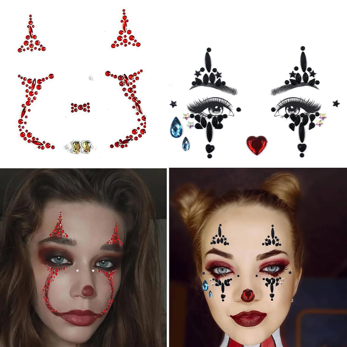 Halloween Clown Face Gems Jewels, Day of the Dead Rhinestone Face Jewels Temporary Skull Tattoos for Women Halloween Makeup Costume